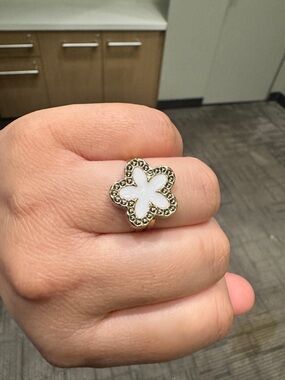 Adjustable White Flower Ring with Gold Accents
